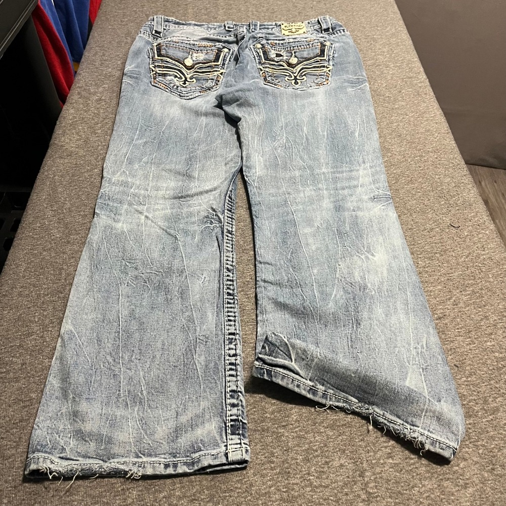 Rock Revival Leif Bootcut Jeans Mens 38 Light Wash Distressed Fleur De Lis Y2K